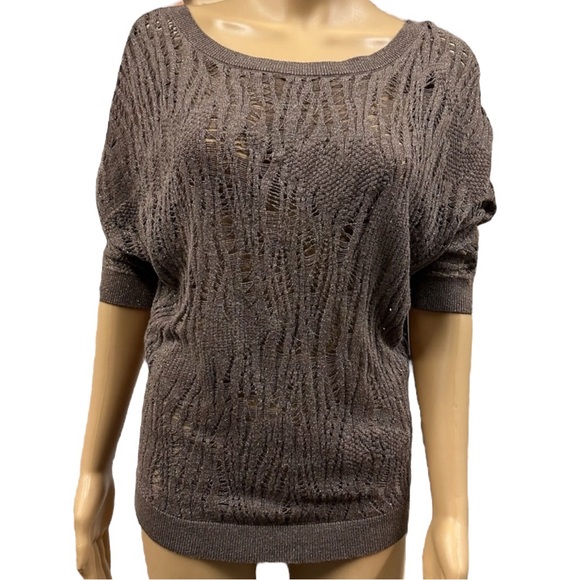 Express Brown Metallic Glitter Shimmer Knit Batwing Short Sleeve Top Womens S - Picture 2 of 12
